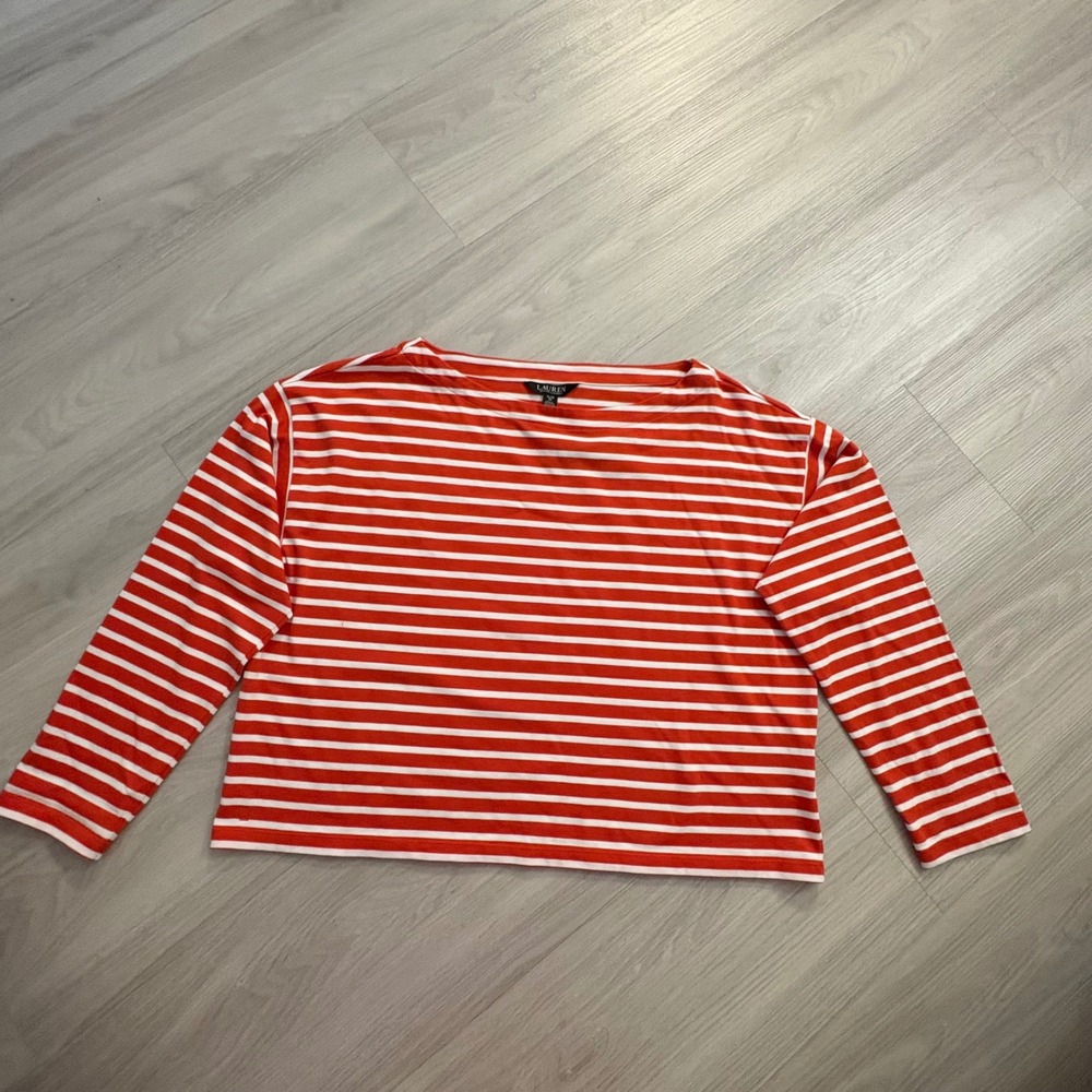 Lauren Ralph Lauren Top Women Orange White Boat Neck Nautical Long Sleeve XL NWT - Picture 2 of 16